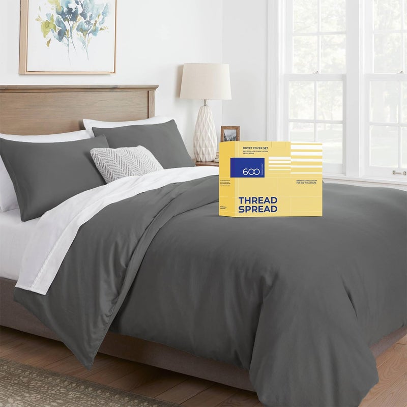 THREAD SPREAD Queen/Full Duvet Cover, 600 Thread Count Sateen 3Pc Egyptian Cotton Duvet Cover Set, 100% Pure Cotton Comforter Cover, 2 Pillow Shams, Zipper Closure, 7 Corner Ties - (Dark Grey) - Image 1
